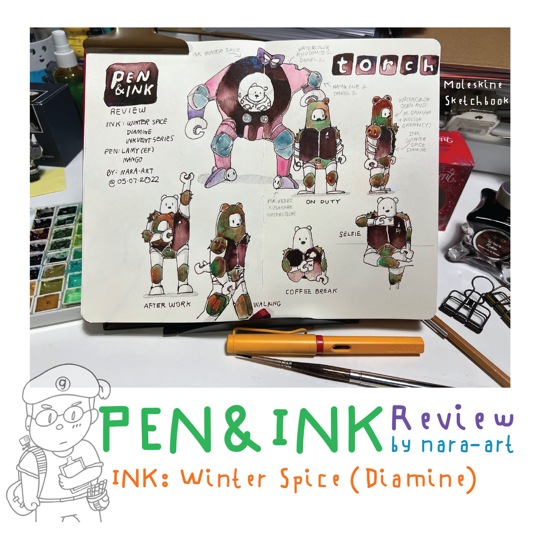 Ink Review Winter Spice Diamine on Coated Paper, PaperMood & Moleskine Sketchbook by Pen Lamy EF Nib