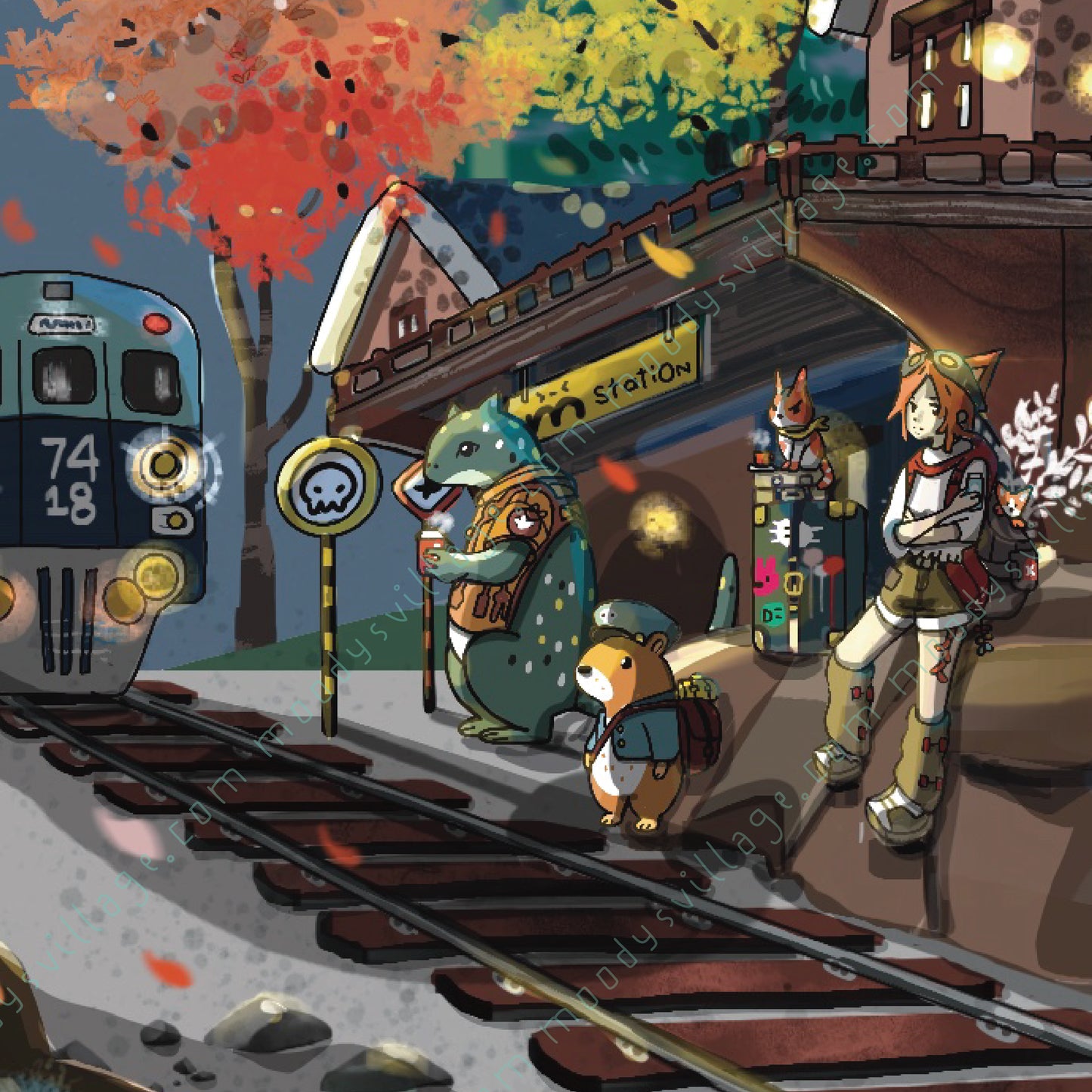 Autumn Train with Characters